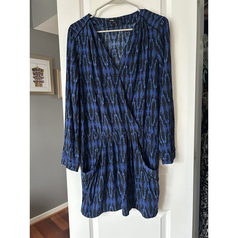 Maje Dress Blue Printed Mini Long Sleeve Dress Faux Wrap Pockets Size Large